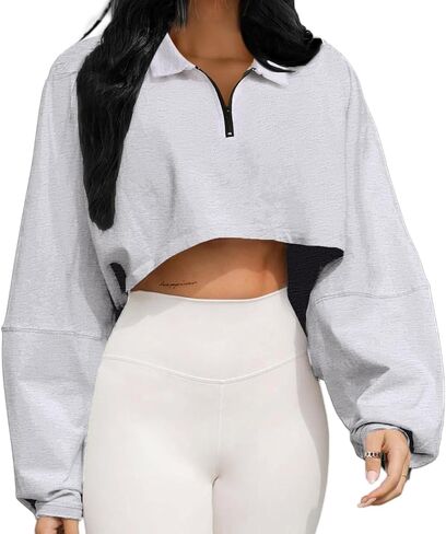 LovelyWholesale Women Cropped Oversized Sweatshirt Half Zip Pullover Collared Long Sleeve Crop Top in Saudi Arabia