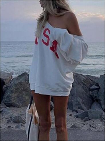 Floerns Women's Letter Graphic Print Long Sleeve Asymmetrical Neck Sweatshirts in Saudi Arabia