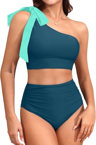 Tempt Me Women High Waisted Bikini Sets - Two Piece Swimsuits One Shoulder Bathing Suit with Full Coverage Bottom in Saudi Arabia