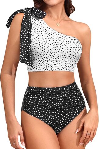 Tempt Me Women High Waisted Bikini Sets - Two Piece Swimsuits One Shoulder Bathing Suit with Full Coverage Bottom in Saudi Arabia