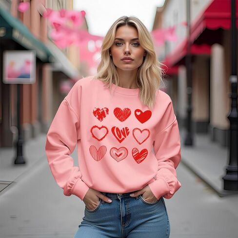 CM C&M WODRO Women Valentine's Day Sweatshirt Love Heart Graphic Shirts Long Sleeve Casual Crewneck Pullover Lightweight Tops in Kuwait