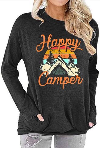Fuyxxmer Happy Camper Sweatshirt Women Vintage Mountain Graphic Tee Long Sleeve Pullover Blouses Top Shirts with Pockets in Saudi Arabia