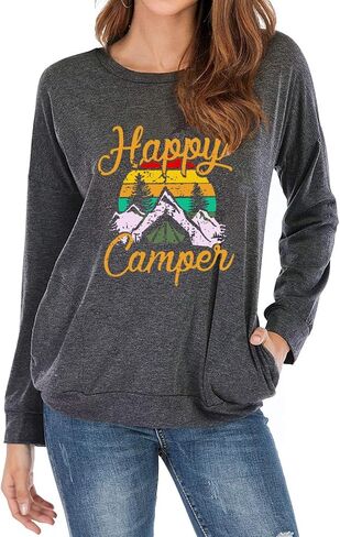 Fuyxxmer Happy Camper Sweatshirt Women Vintage Mountain Graphic Tee Long Sleeve Pullover Blouses Top Shirts with Pockets in Saudi Arabia