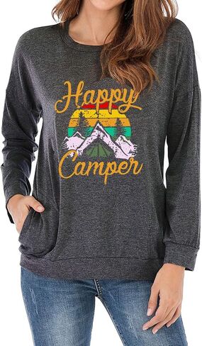 Fuyxxmer Happy Camper Sweatshirt Women Vintage Mountain Graphic Tee Long Sleeve Pullover Blouses Top Shirts with Pockets in Saudi Arabia