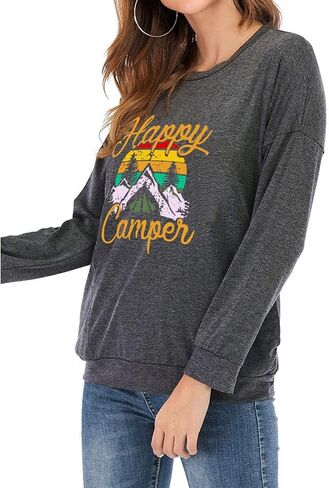 Fuyxxmer Happy Camper Sweatshirt Women Vintage Mountain Graphic Tee Long Sleeve Pullover Blouses Top Shirts with Pockets in Saudi Arabia