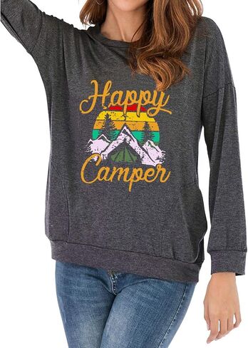 Fuyxxmer Happy Camper Sweatshirt Women Vintage Mountain Graphic Tee Long Sleeve Pullover Blouses Top Shirts with Pockets in Saudi Arabia