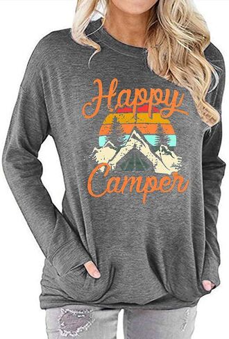 Fuyxxmer Happy Camper Sweatshirt Women Vintage Mountain Graphic Tee Long Sleeve Pullover Blouses Top Shirts with Pockets in Saudi Arabia
