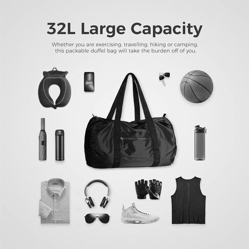 pack all Lightweight Travel Duffel Bag, Water-Resistant Sports Gym Bag, 32L Foldable Weekender Bag for Fitness, Hiking and Camping (Black) in Kuwait
