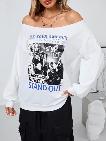 Verdusa Women's Off the Counter Tops Letter Print Sweatshirts Y2K Long Sleeve Dorts Lourd in Saudi Arabia