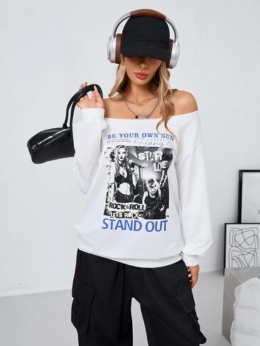 Verdusa Women's Off the Counter Tops Letter Print Sweatshirts Y2K Long Sleeve Dorts Lourd in Saudi Arabia