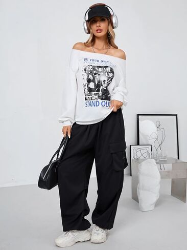 Verdusa Women's Off the Counter Tops Letter Print Sweatshirts Y2K Long Sleeve Dorts Lourd in Saudi Arabia