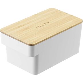 Yamazaki Home Butter Case Food Storage Container for Refrigerator or Countertop with Handle and Sealed Lid | Plastic + Wood, One Size, White