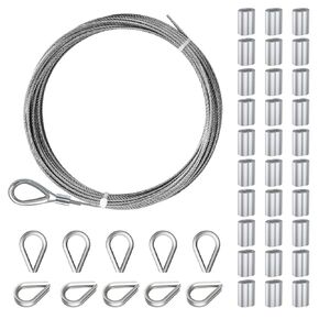 Sanuke 1/16" 304 Stainless Steel Cable, 33ft Wire Rope Metal Cable with Loop Sleeve and Thimble, 7x7 Strand Core Steel Wire for Deck Railing System, Garden Fence, Outdoor Hanging Kit