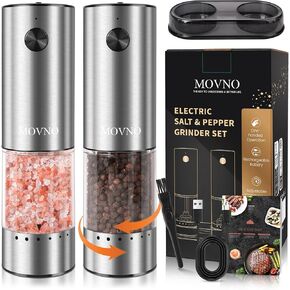 MOVNO Electric Salt and Pepper Grinder Set, External Adjustable Coarseness, USB Rechargeable, One-Handed Operation with LED Light, Stainless Steel Mill Grinders Shakers with Storage Base
