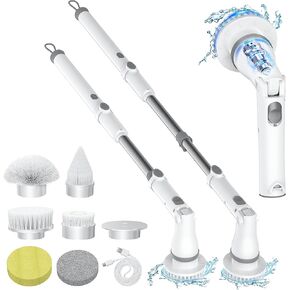 Electric Scrubber for Cleaning, Cordless Spin Scrubber with 6 Replaceable Brush Heads & Adjustable Extension Handle, Shower Scrubber for Bathroom, Tub, Tile, Floor