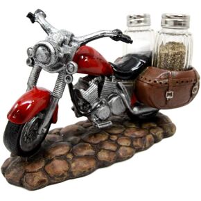 Ebros Gift Old Retro Red Chopper Motorcycle Bike Decorative Glass Salt Pepper Shakers Holder Resin Figurine 7.5"L Vintage Motor Bikes Decor Sculpture