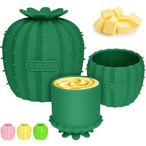 Silicone French Butter Crock with Lid,8.4oz/238ml Cactus Spreadable Butter Keeper with Water Line to Leave On Counter,Cute Creative Butter Storage Container for Countertop-Deep Green