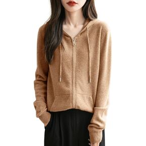 Women's 100% Merino Wool Zip Up Hoodies 2024 Fall Winter Warm Long Sleeve Knit Sweatshirt Cardigan with Pocket