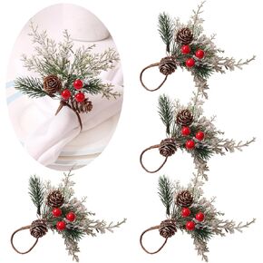 Christmas Napkin Rings Pine Cone Cedar Red Berry Needle Napkin Holder Table Decoration Xmas Buckle Holder for Christmas New Year Wedding Party Banquet Table Decor 4Pcs