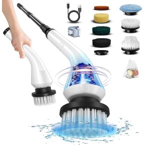Electric Spin Scrubber - Cordless Cleaning Brush with 8 Replaceable Brush Heads and Adjustable Extension Handle, Power Dual Speed Shower Cleaning Scrubber for Bathroom, Tub, Tile, Floor, etc (White)