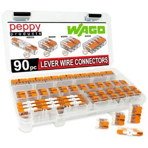 WAGO 221 LEVER NUTS 90PC موصل سلك الربط المدمج مع حالة. يتضمن (25x) 221-2401 ، (25x) 221-412 ، (25x) 221-413 ، (15x) 221-415