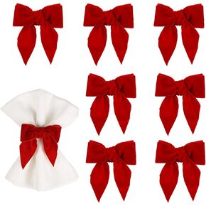 wonlex Christmas Napkin Rings Set of 8, Red Bow Napkin Rings Holder, Chic Velvet Napkin Buckle Serviette for Xmas, Dinner Banquet Wedding Holiday Dining Table Decor(Red Bow)