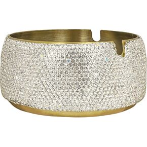 Rhinestone Ashtray, Stainless Steel Ashtray, Bling Ashtray for Home, Stainless Steel Round Shaped Ash Storage Tray Box For Indoor Outdoor (Gold)