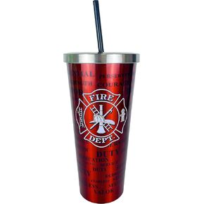 Spoontiques Fire Department Stainless Steel Cup with Straw - Stainless Steel Drinkware Tumbler - 24 Oz.