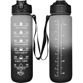 Motivational Water Bottle with Time Markers – BPA-Free, Leak-Proof, Reusable – Perfect for Sports, Fitness, Office & Daily Use – 1L/32oz (black-white)
