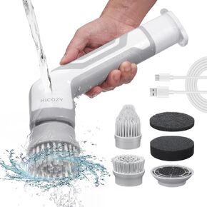 HiCOZY Electric Spin Scrubber HSE1, Power Cordless Scrubber for Cleaning Kitchen Bathroom Car Tile Grill with 2 Adjustable Speeds, 4 Replaceable Brush Heads Gray