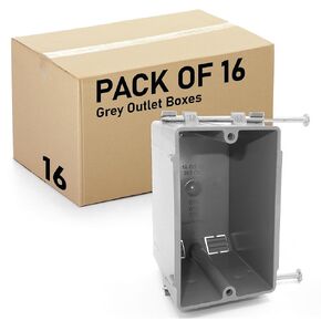 (16 Pack) Plastic Electrical Box, Single Gang New Work Junction Box, Grey Outlet Box, Captive Nails, 18 cu. Inches, Length 3.75'', Width 2.25'', Depth 2.875'', 2 Hour Fire Rated Electrical Outlet Box
