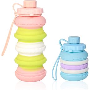2 Pack Silicone Collapsible Water Bottle, Reuseable Foldable Water Bottles 17Oz, Lightweight Leakproof Portable Travel Water Bottles for Hiking Camping Cycling Sports (Pinkish Green, Blue Purple)