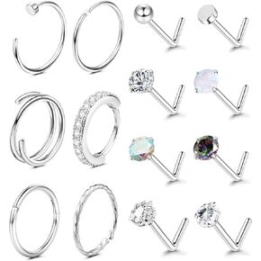 LOLIAS هيبوالرجينيك 14K الذهب مملوءة بحلقات الأنف 20G 316L الجراحية الصلب الأنف الدائري الذهب على شكل L ترصيع الأنف هوب خواتم الأنف مجموعة للنساء الرجال مقلد الماس ثقب الأنف المجوهرات (14PCS) in Kuwait