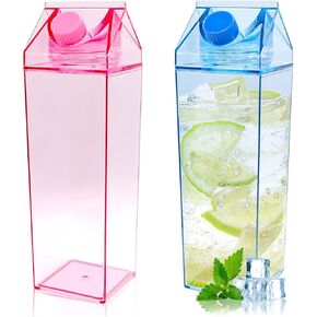 2 Pack 34 Oz Milk Carton Water Bottle - Blue & Pink Plastic Square Milk Bottles, Reusable Leakproof Milk Box Juice Water Container, Tea Jug Water Bottle for Outdoor Sports Travel
