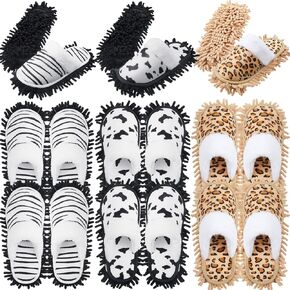 HooLing 6 Pairs Mop Slippers Microfiber Dusting Cleaning Slippers Unisex Mop Shoes Mopping Slippers with Cow Zebra Leopard Print for Office Home Room (Women 8-10/ Men 7-9)