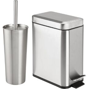 mDesign Metal Freestanding Slim Toilet Bowl Brush and Holder + Rectangle Narrow 5 Liter / 1.3 Gallon Step Pedal Trash Can Wastebasket for Bathroom - Small, Compact Design - Set of 2 - Brushed/Chrome