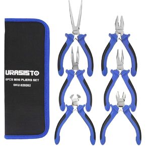 6 pcs Mini Pliers Set - Long, Bent, Needle Nose, Diagonal, End Cut, Combination - Spring Loaded Handle, 5 Inch - Mechanic, Craftsman Basic Tool Kit - Roll Up Carry Bag Included