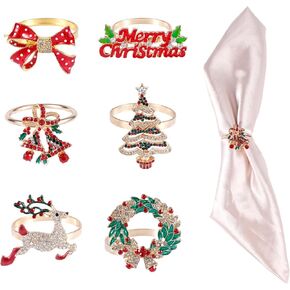 6pcs Christmas Napkin Rings Set, 6 Styles Xmas Napkin Holder Buckle Christmas Tree Metal Merry Christmas Wreath Bow Reindeer Bell Gold Napkin Rings for Holiday Table Dinner Wedding Party DIY Decor