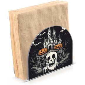 Halloween Pumpkins Ghost Castle Napkin Holder, Acrylic Napkin Holders for Table Cocktail Napkins Dispenser Paper Stand for Kitchen Dining Restaurant Home Bar