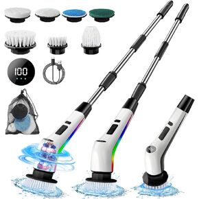 Electric Spin Scrubber, Quamkar Cordless Spin Scrubber with 7 Replaceable Brush Heads and Adjustable Extension Handle, Power Cleaning Brush for Bathroom Floor Tile