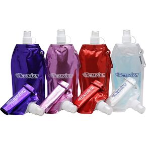 USA Merchant | Collapsible Reusable Water Bottle with Carabiner Clip Light Weight Leak Proof Foldable Drinking Water Bottle Non Toxic BPA Free - 16.9 oz 4 Pack (Pink, Purple, Red, Clear)
