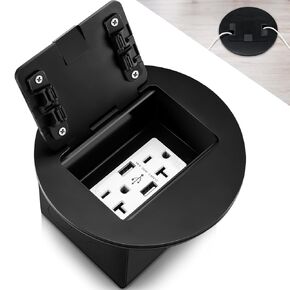 Kanayu Black Recessed Floor Outlet 3.98"x3.66"x3.15" 1-Gang with 4.8A USB Chargers 20 Amp Floor Receptacles Round Floor Outlet Kit Electrical Waterproof Outlet Cover for Floor, ETL Listed
