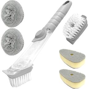 Soap Dispensing Dish Brush, Soap Control Dishwand with 2 Sponge Heads 2 Replaceable Heads 2 Wire Ball Heads Handle Non-Scratch Brush Scrubber for Kitchen Dishes Pots Pans Sink Cleaning
