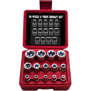 14-Piece E-Torx Socket Set, 3/8", 1/2", 1/4" Premium Ultimate Female Star Socket Set, Drive E4 - E24 External Torque Socket Kit, Gift for Men