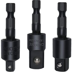 3 Pieces Wobble Socket Adapters, 1/4" Hex Shank to 1/4" 3/8" 1/2" Square Socket Drives, 360° Rotatable Universal Joint Swivel Socket Set for Cordless Drills Ratchet Extension