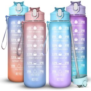 Drinking Water Bottles Fitness Sports With Time Marker, 900 ml, Multiple Colors, Motivational Drinking Bottles (Purple+Blue), XH-2081