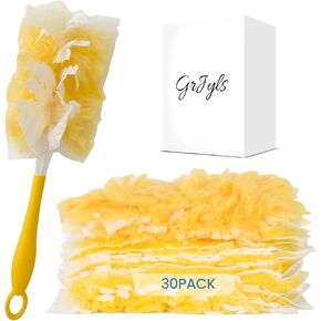 Duster Refills Bulk Compatible with Swiffer Dusters Swiffer Microfibre dust Cleaner for Cleaning Home, Office, Furniture (Yellow, 20 PCS (180°)+ 10 PCS (360°)+ Handle)