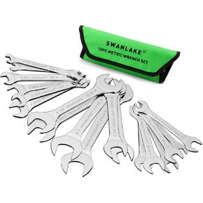 SWANLAKE 19Pcs Super-Thin Open End Wrench Set with Rolling Pouch, CR-V Steel SAE & Metric, 1/4" to 1-1/16" and 5.5mm to 27mm Slim Spanner Wrench Set(19pcs METRIC &SAE)