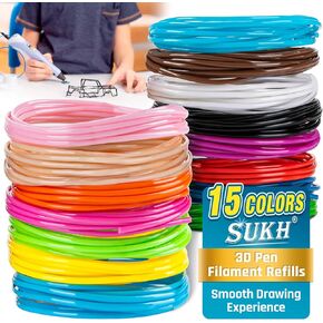 Sukh 15 Colors 3D Pen Filament Refills - 1.75mm 3D Pen PLA Filament Each Color 10 Feet Total 150 Feet, 3D Pen Refills Compatible with Most 3D Pens for Basic Teaching,Making Models,Art,Sculptures