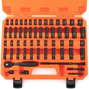 1/4" Drive Impact 56-Piece Socket Set, Standard SAE (5/32 to 9/16 inch) & Metric (4-15mm), 6 Points, CR-V, 1/4-Inch Drive Ratchet Handle, Drive Extension Bar & Impact Universal Joint with Case